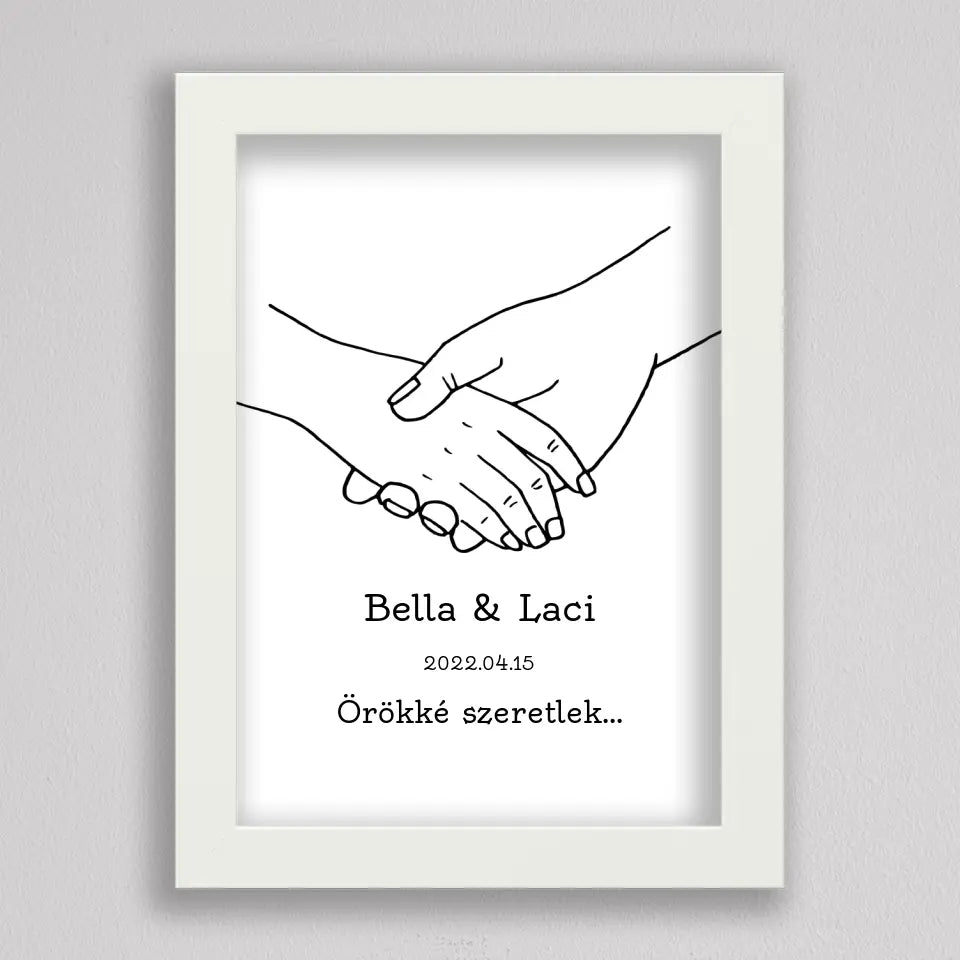 Szerelmes kezek vonalrajz fehér keretben, két egymást fogó kéz fekete vonalakkal, alatta Bella & Laci