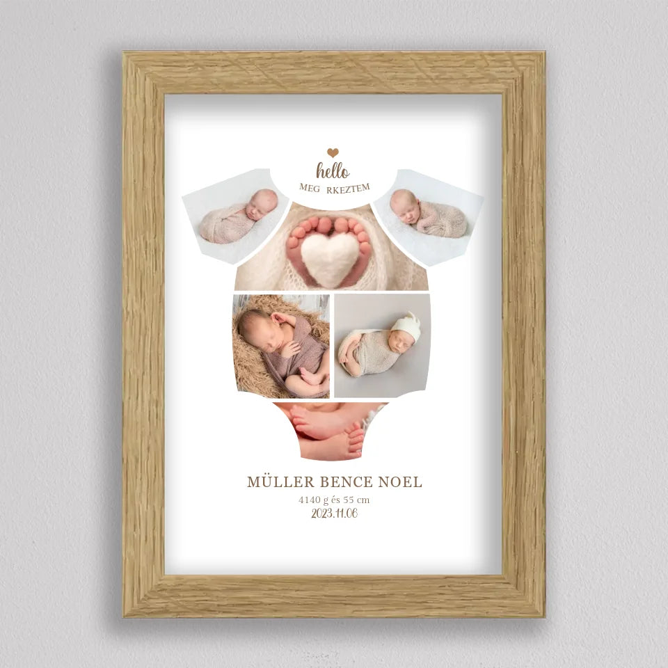 Újszülött fotók body formában tölgyfa hatású keretben, kis barna szív és hello felirat a body nyakánál