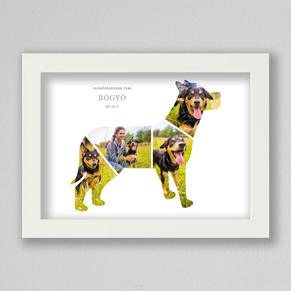 Kutya alakú fotókollázs fehér keretben, egy fekete-barna kutya 4 fotója álló kutya alakban, fent BOGYÓ