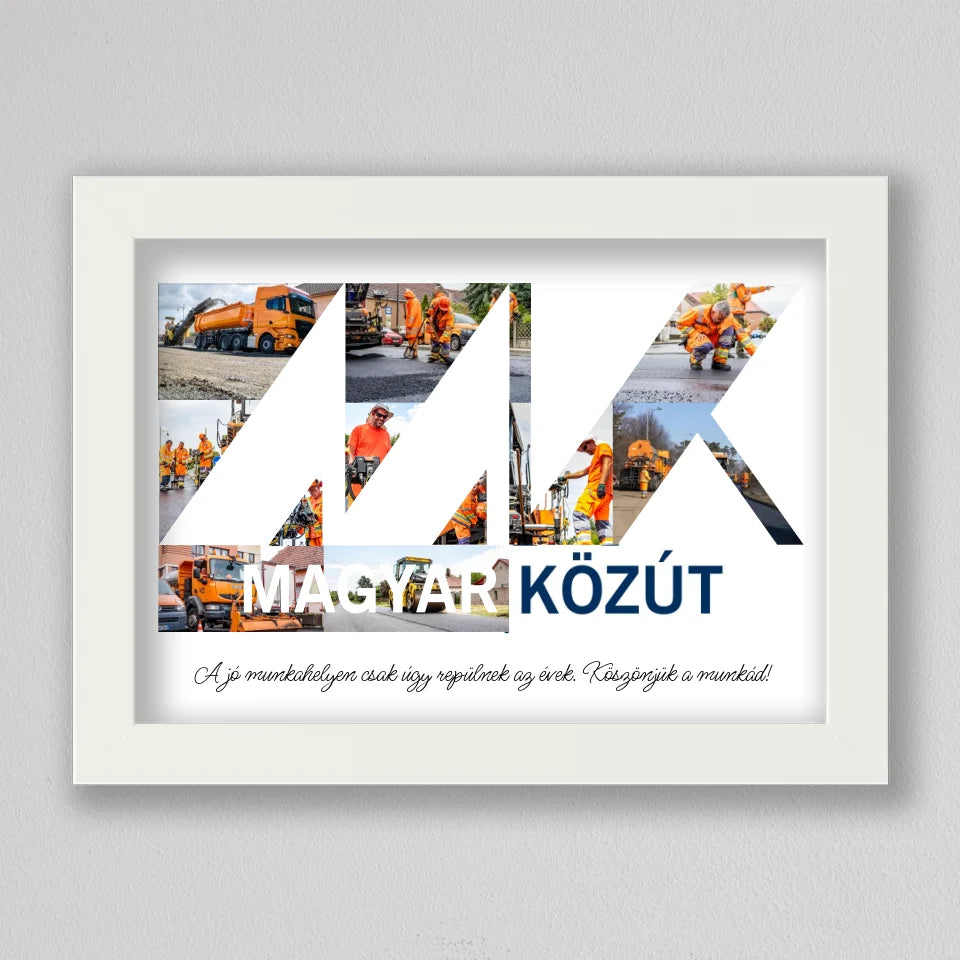 Magyar Közút MK logó fotókollázs fehér keretben, narancssárga ruhás útépítők és munkagépek az MK betűkben