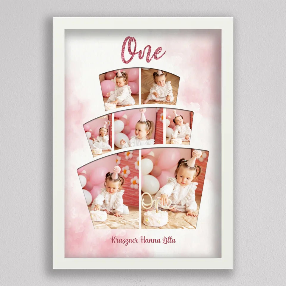 Egyéves kislány torta képe fehér keretben, két, három és két fotó emeletenként, alul Kraszner Hanna Lilla