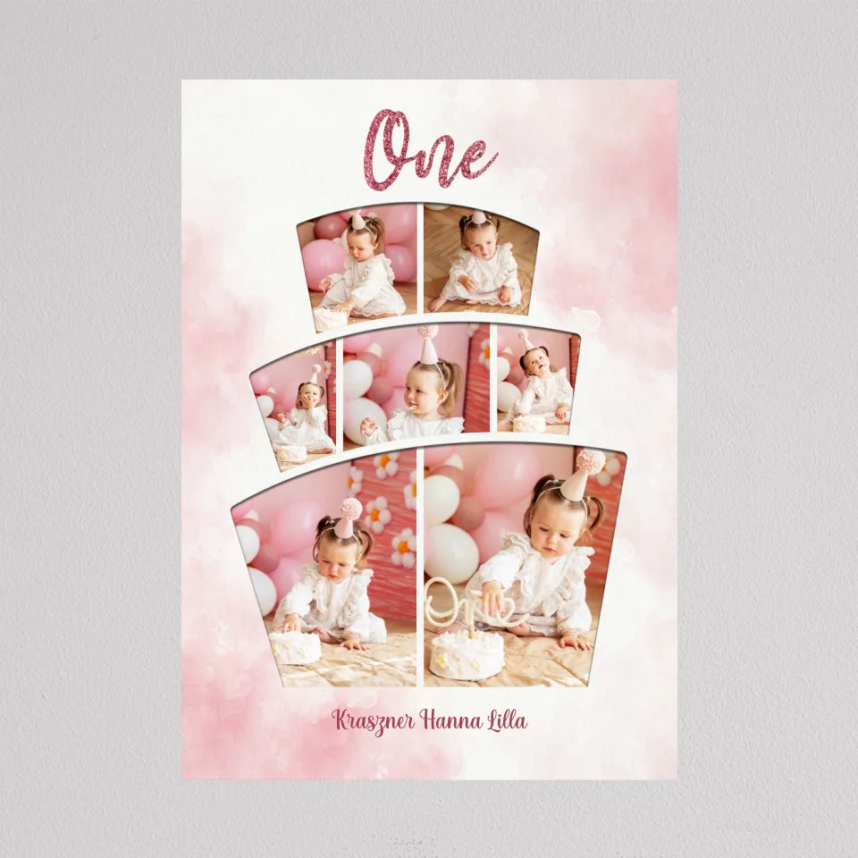 Első szülinapi torta alakú fotókollázs - lány