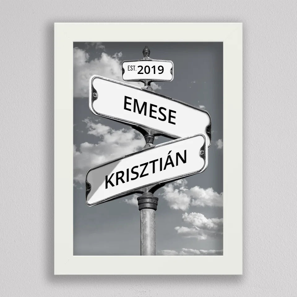 Utcanévtábla stílusú kép pároknak fehér keretben, két keresztező tábla EMESE és KRISZTIÁN névvel, fent EST. 2019