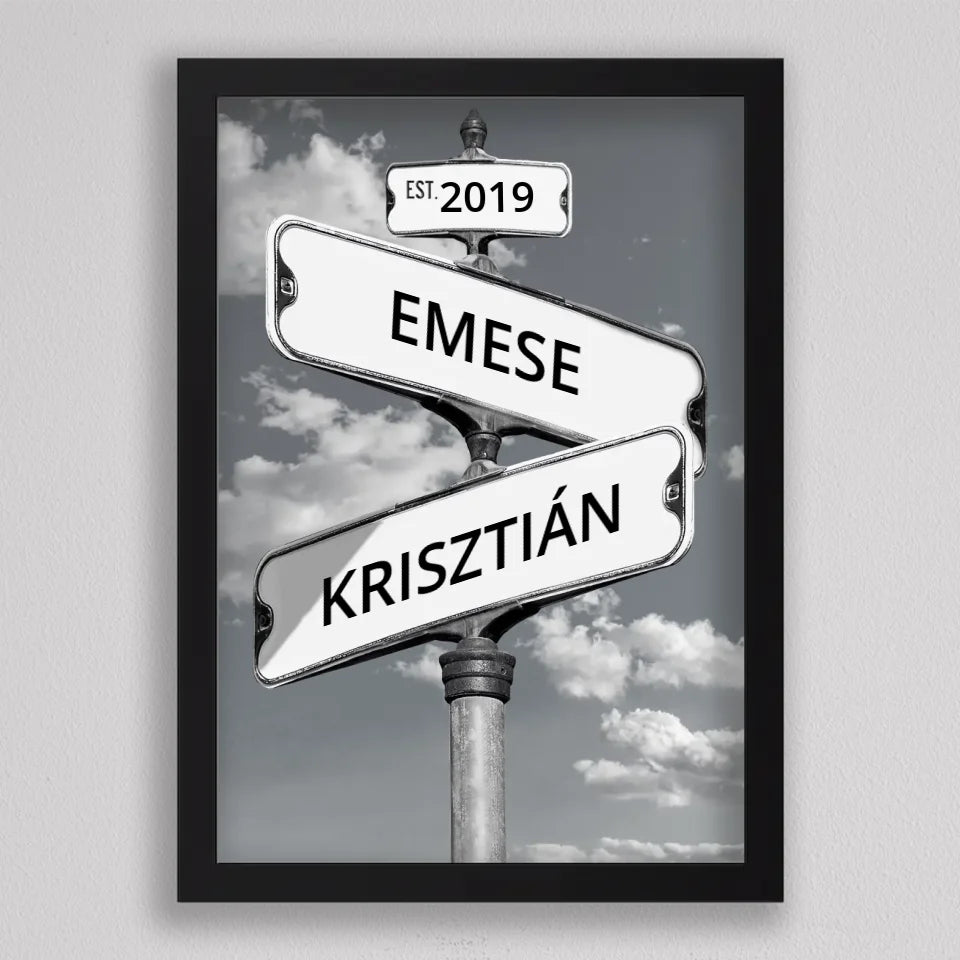 Utcanévtáblás kép két névvel fekete keretben, álló elrendezés: oszlop, évszám, két névtábla, égbolt