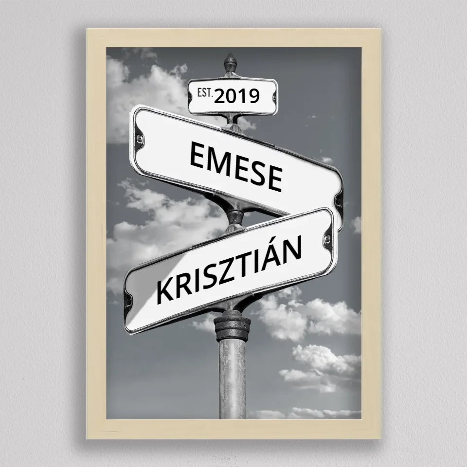 Páros kép utcatáblákkal nyírfa hatású keretben, két keresztező tábla EMESE és KRISZTIÁN névvel, fent EST. 2019