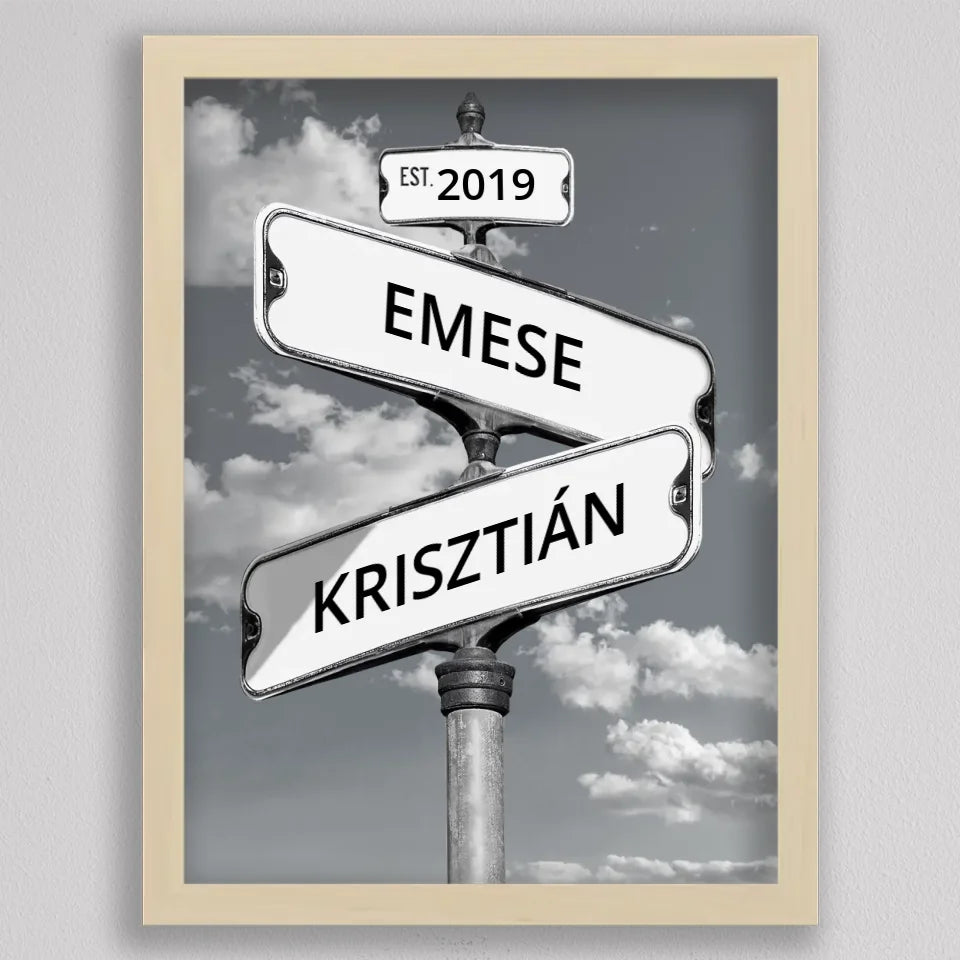 Páros kép utcatáblákkal nyírfa hatású keretben, fekete-fehér felhős háttér előtt két egymást keresztező tábla