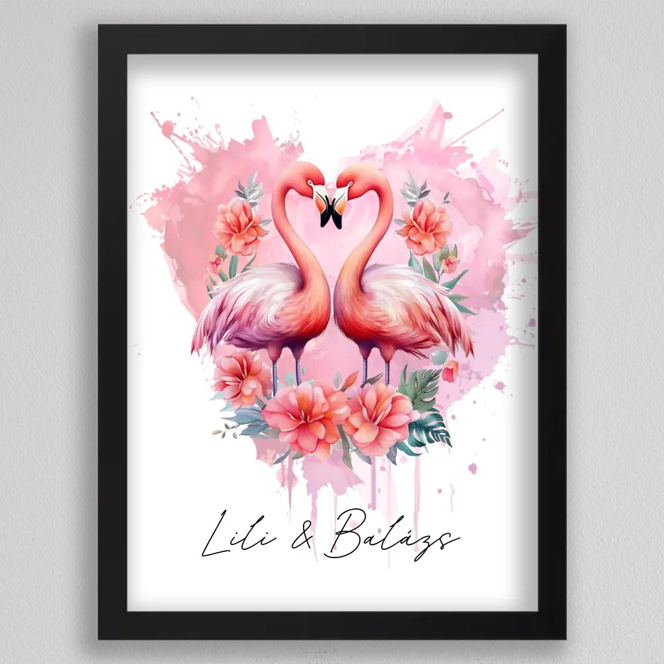 Flamingós páros illusztráció fekete keretben, kézírásos Lili & Balázs a pár alatt, fehér alapon