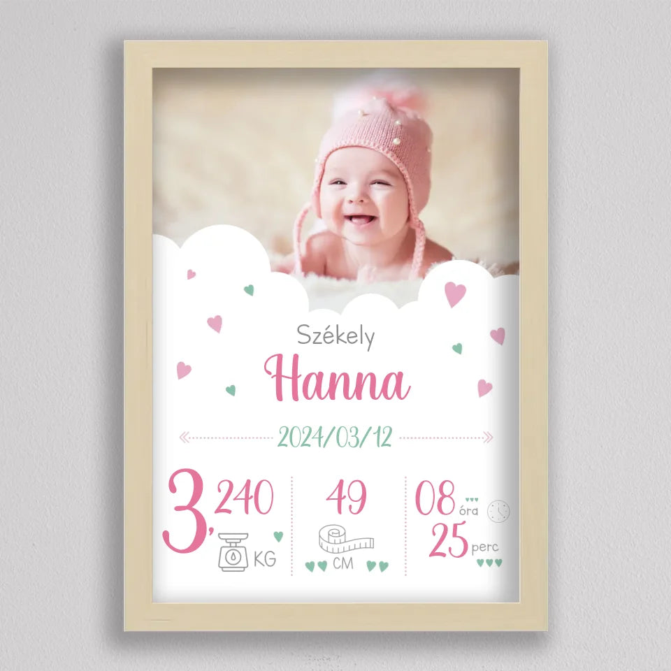 Babaköszöntő kép fotóval nyírfa hatású keretben, mosolygó baba rózsaszín sapkában, alatta Székely Hanna, 2024/03/12