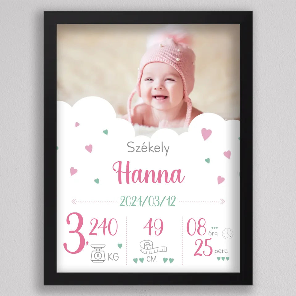 Újszülött köszöntő plakát kislánynak fekete keretben, nevető baba rózsaszín sapkában, alatta név és születési adatok