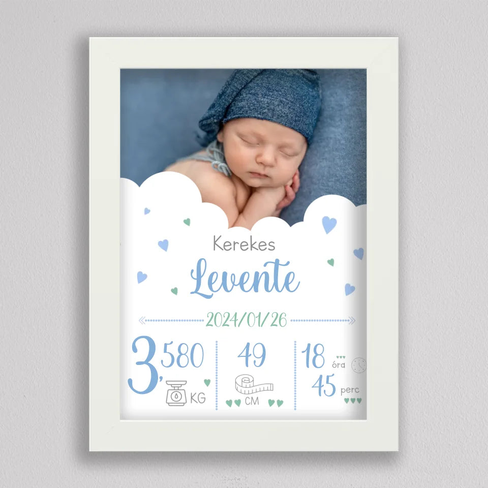Babaköszöntő emlékplakát kisfiúnak fehér keretben, felül alvó újszülött kék sapkában, alatta Kerekes Levente és 2024/01/26