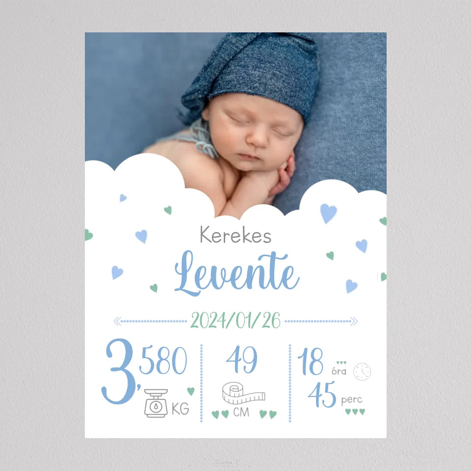 Babaköszöntő emlékkép keret nélkül, fehér felhők a fotó alatt, kék betűkkel a keresztnév