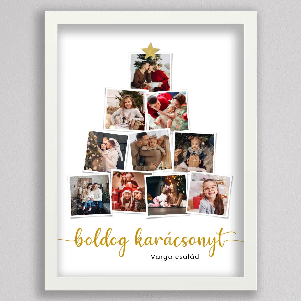 Karácsonyfa instant képekből fehér keretben, egy, kettő, három és négy fotó soronként, felfelé keskenyedve