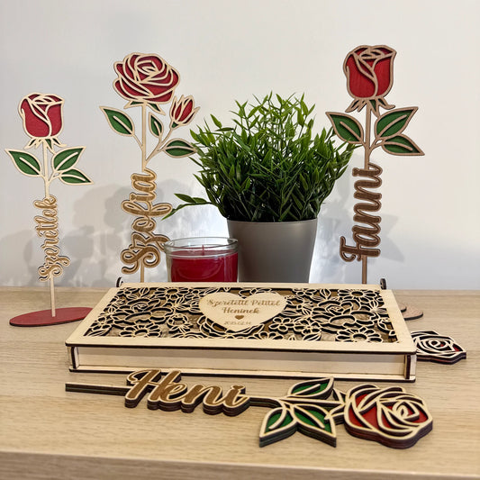 Egyedi névre szóló, személyre szabható fa örök rózsa – lézervágott és gravírozott ajándék