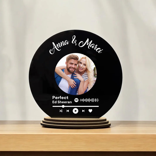 Bakelit lemez hatású plexi Spotify stílusú zenelejátszó grafikával, talppal