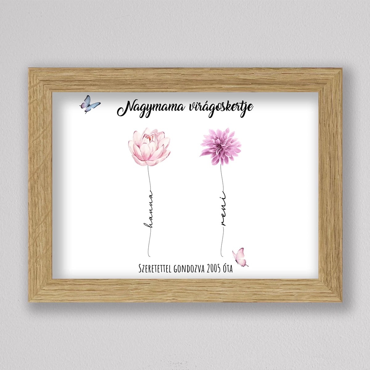 Unokák virágai nevekkel tölgyfa hatású keretben, fehér alapon két virág, minden unoka neve a szár mentén fut