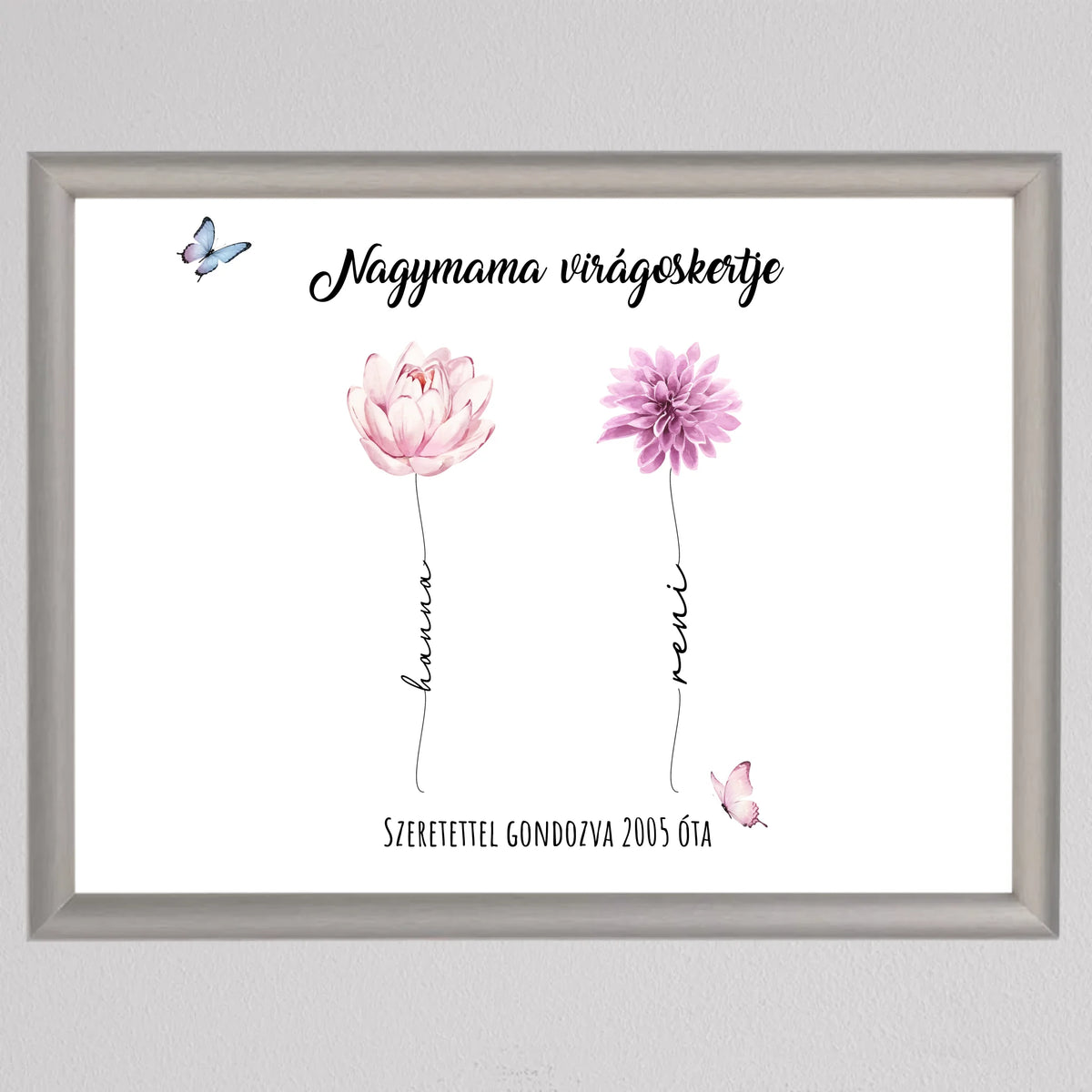 Nagymama virágoskertje illusztráció ezüst keretben, teltvirágú rózsaszín és sugaras lila virág két unoka nevével