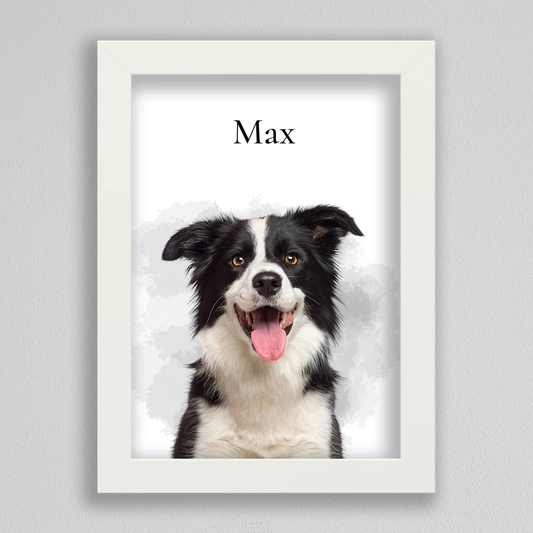 Kutya portré saját fotóból fehér keretben, border collie szürke akvarell foltok előtt, felette Max név