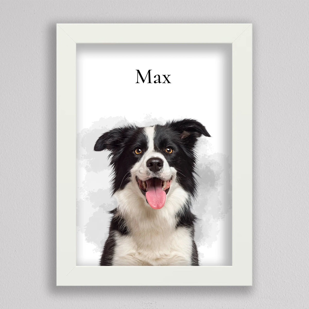 Kutya portré saját fotóból fehér keretben, border collie szürke akvarell foltok előtt, felette Max név