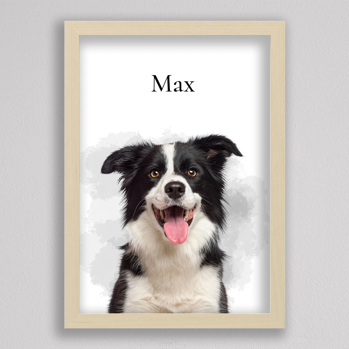 Kutyás falikép saját fotóból nyírfa hatású keretben, border collie szürke akvarell foltok előtt, felette Max név