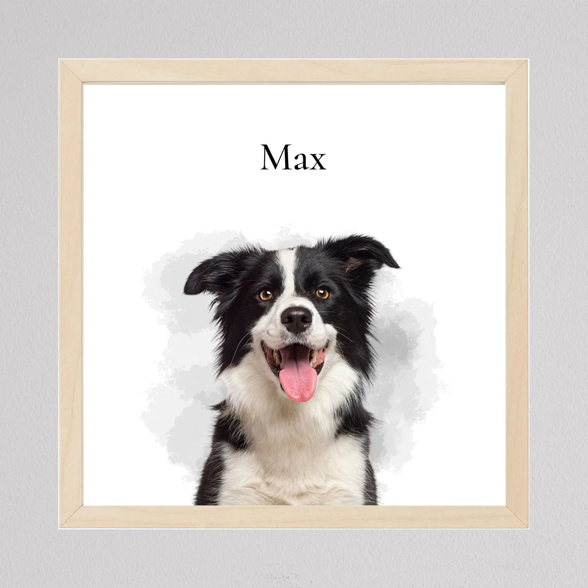 Kutya portré falikép négyzetes nyírfa hatású keretben, border collie szürke akvarell foltok előtt, felette Max név