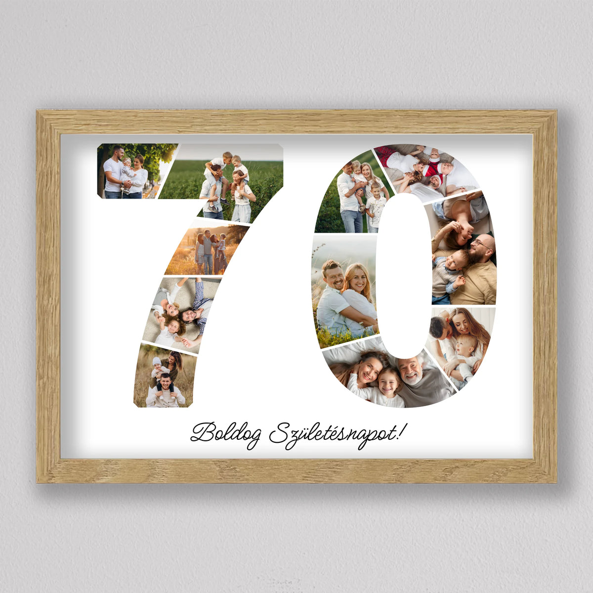 70-es születésnapi fotókollázs tölgyfa hatású keretben, a hetesben öt családi fotó, a nullában apa a kisfiával fekve