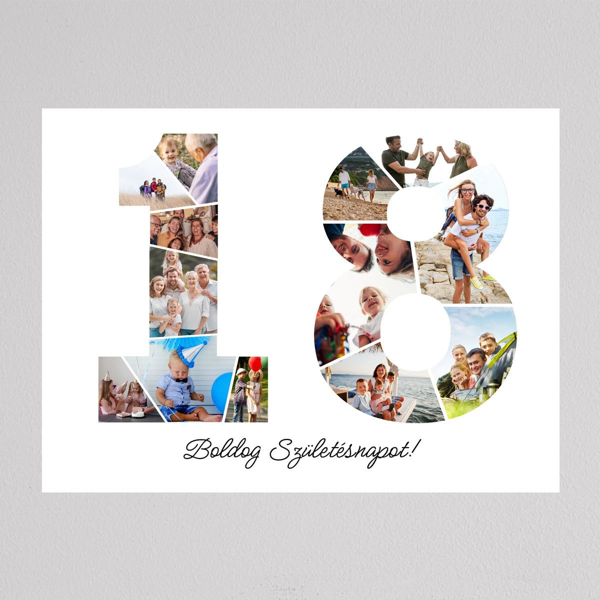 Fotókollázs 18. születésnapra keret nélkül, az egyesben szülinapi kalapos kisfiú, a nyolcasban családi nyaralás