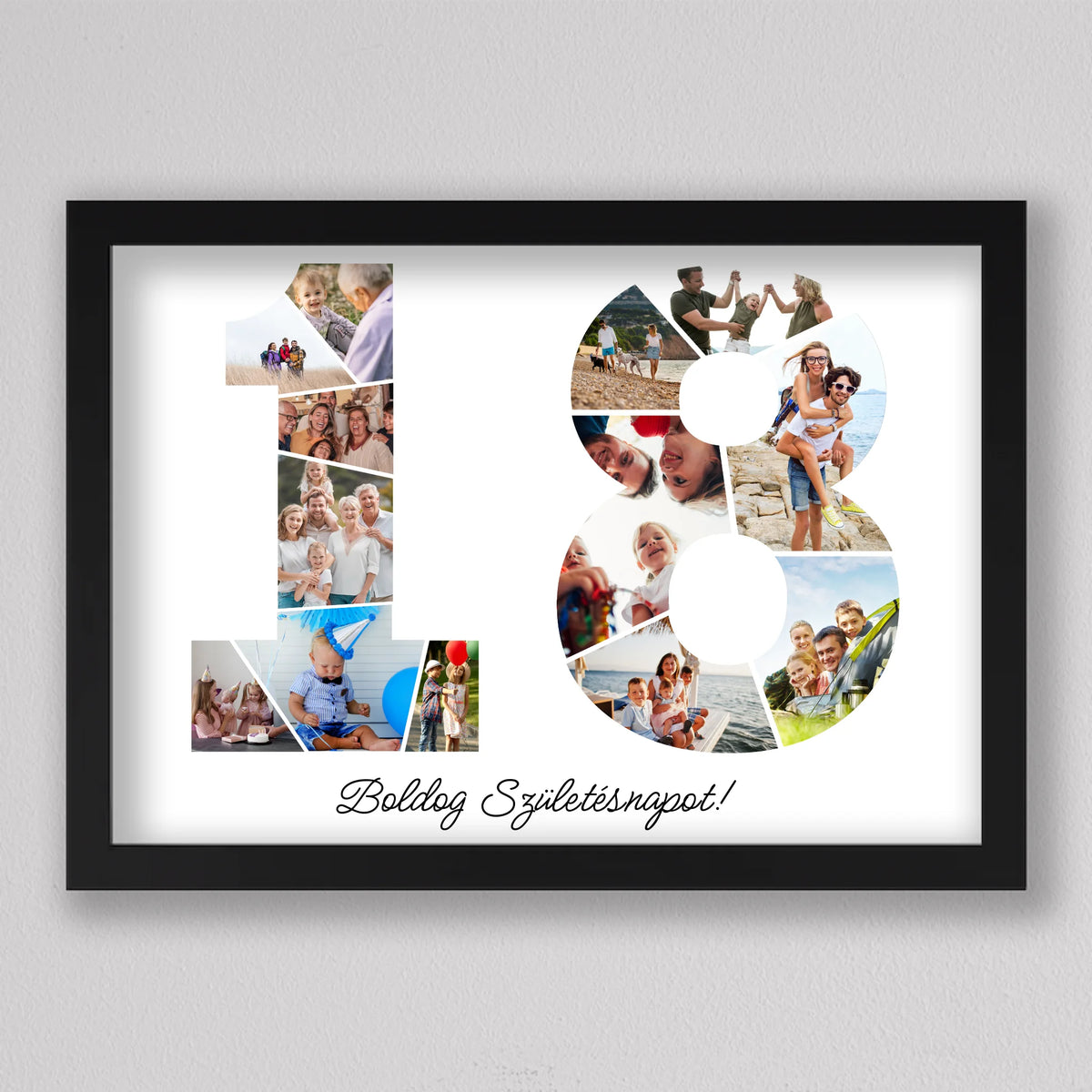 18-as számos fotókollázs fekete keretben, az egyesben kisfiú lufival, a nyolcasban kutyás pár a parton