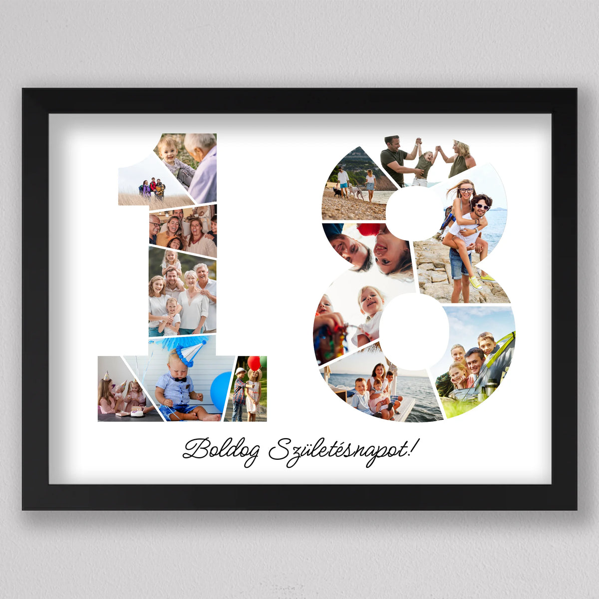 18-as számos fotókollázs fekete keretben, az egyesben kék lufis kisfiú, a nyolcasban nevető fiatal pár