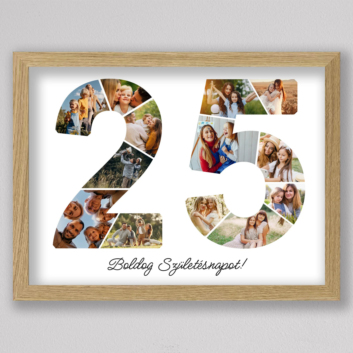25-ös születésnapi fotókollázs tölgyfa hatású keretben, a kettesben puszi egy kisfiú arcára, az ötösben anya és lánya