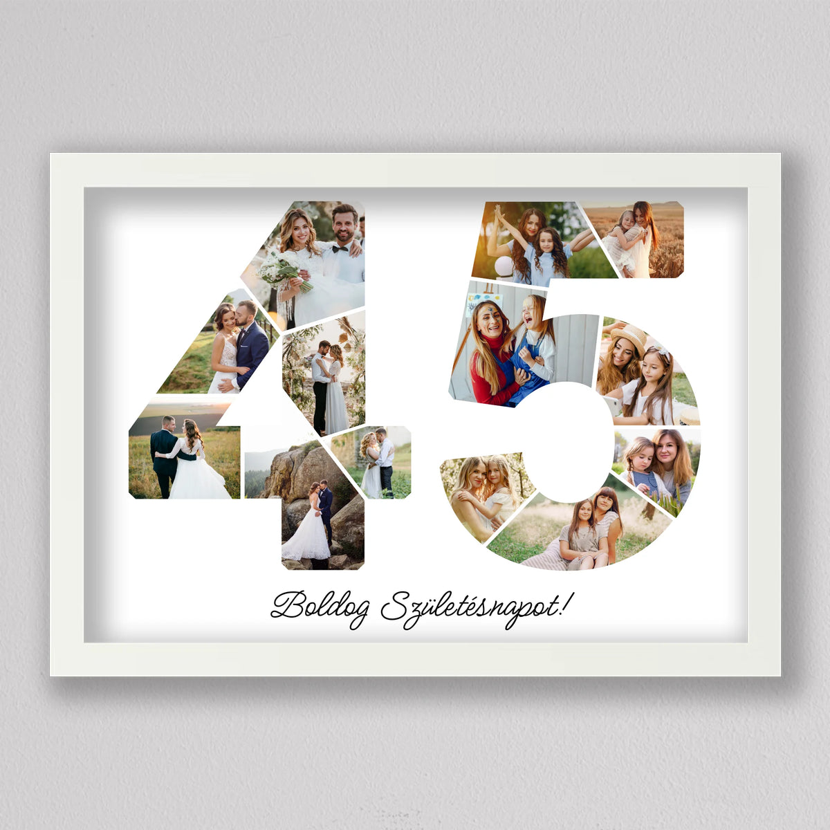 Fotókollázs 45. születésnapra fehér keretben, esküvői és családi mintafotók a számokban, kézírásos köszöntő