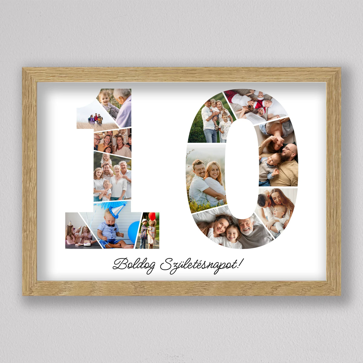 10. évfordulós fotókollázs tölgyfa hatású keretben, az egyesben kisfiú kék születésnapi sapkában, a nullában ölelkező pár