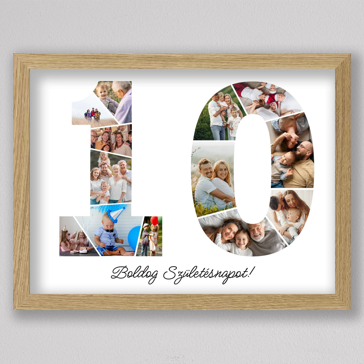 10. évfordulós fotókollázs tölgyfa hatású keretben, családi mintafotók a két számjegyben, alattuk kézírásos köszöntő