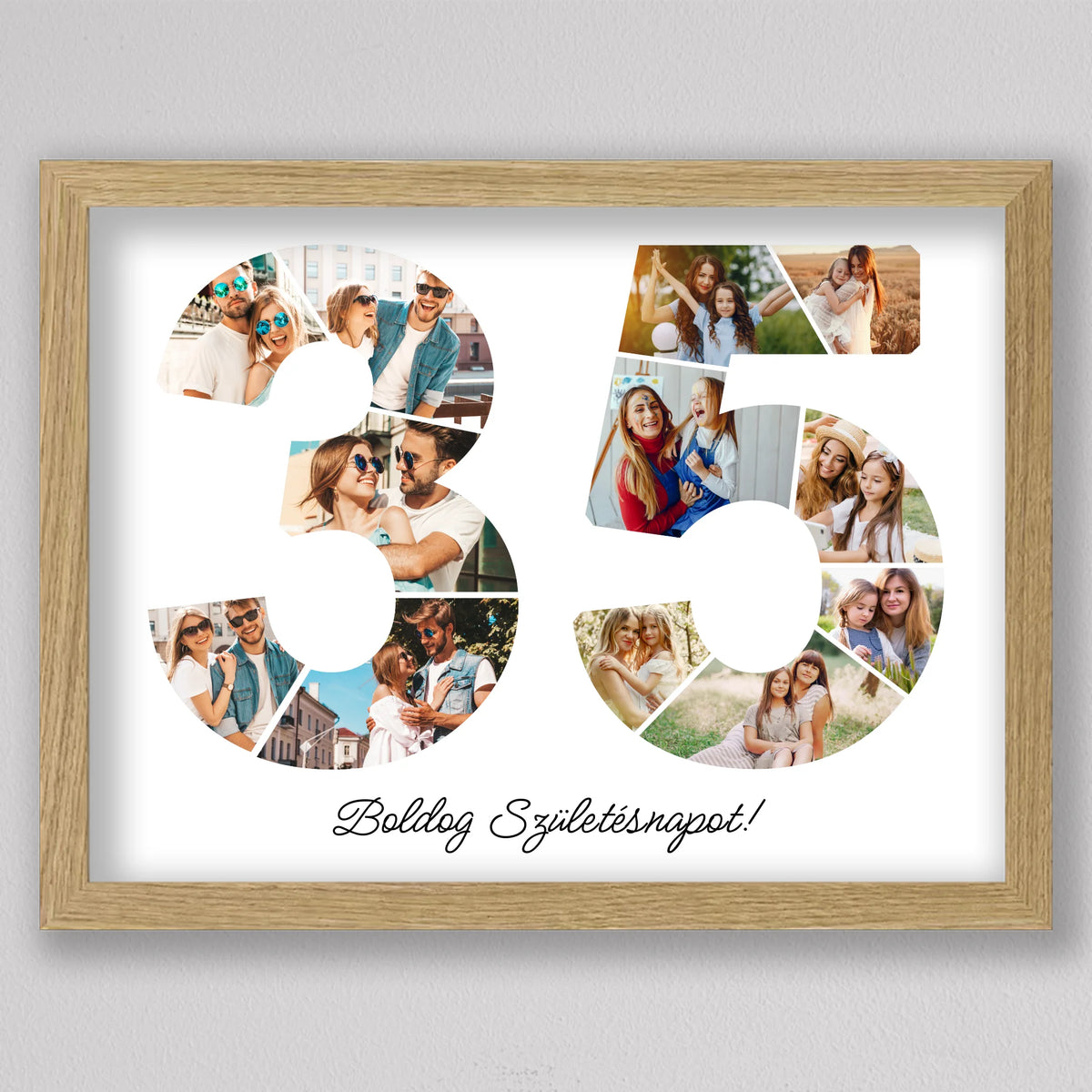 35-ös születésnapi fotókollázs tölgyfa hatású keretben, a hármasban pár a városban, az ötösben anya és lánya a mezőn