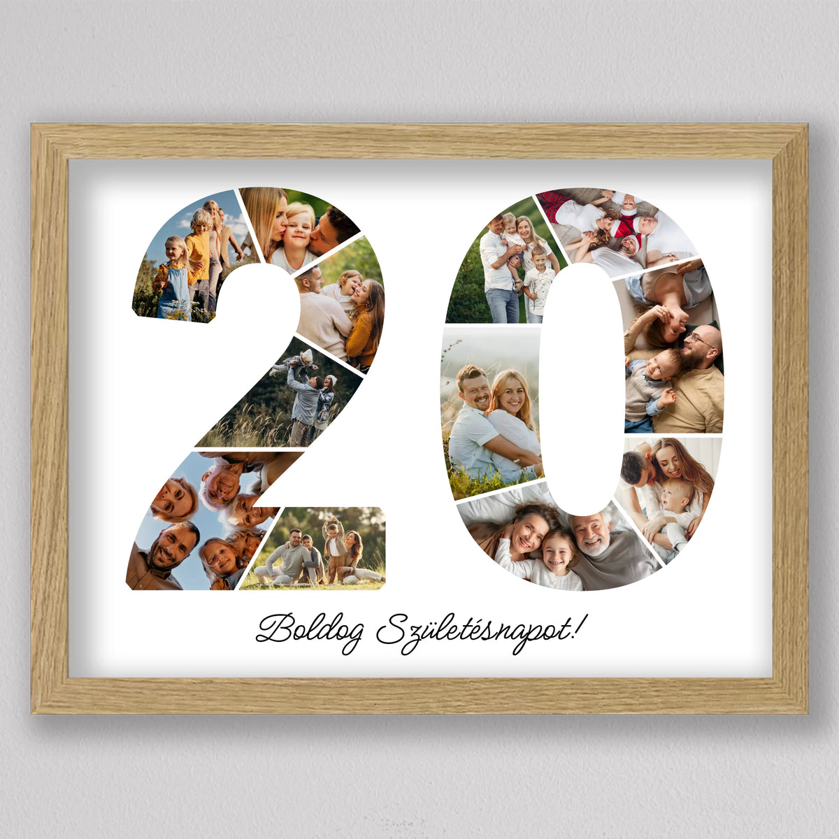 20-as születésnapi fotókollázs tölgyfa hatású keretben, családi mintafotók a két számjegyben, alattuk kézírásos köszöntő