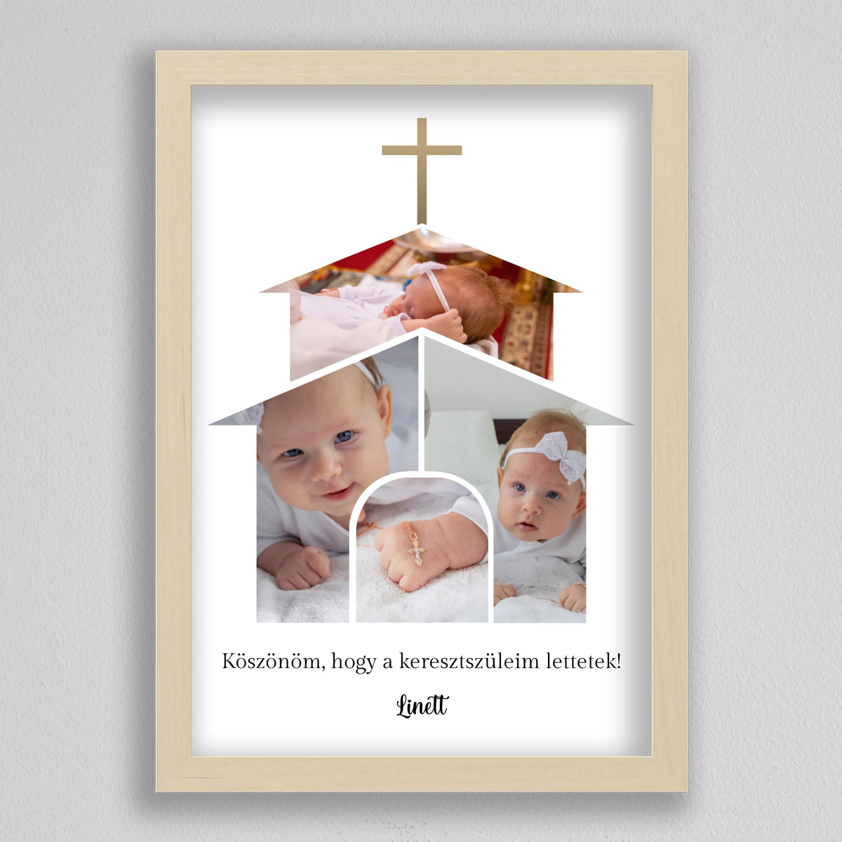 Köszönet keresztszülőknek képpel nyírfa hatású keretben, 4 babafotó, felette arany kereszt, alatta Linett