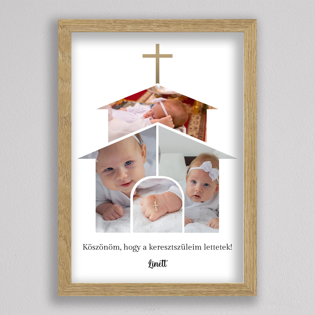 Keresztelői ajándék kép tölgyfa hatású keretben, köszönő mondat a keresztszülőknek, alatta a gyermek neve