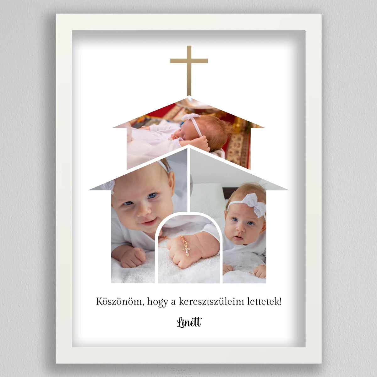 Templom alakú fotókollázs babafotókkal fehér keretben, mosolygó baba, fekvő baba és kis kezek a templom formájában