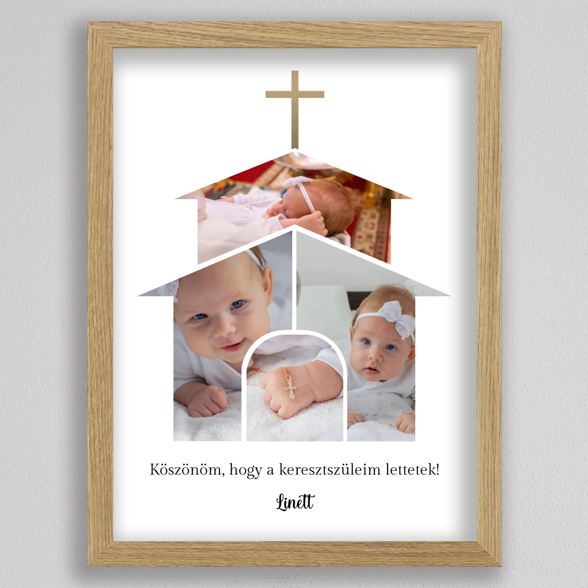 Keresztelői ajándék kép tölgyfa hatású keretben, álló elrendezés: templomforma fotókból, köszönő mondat, név