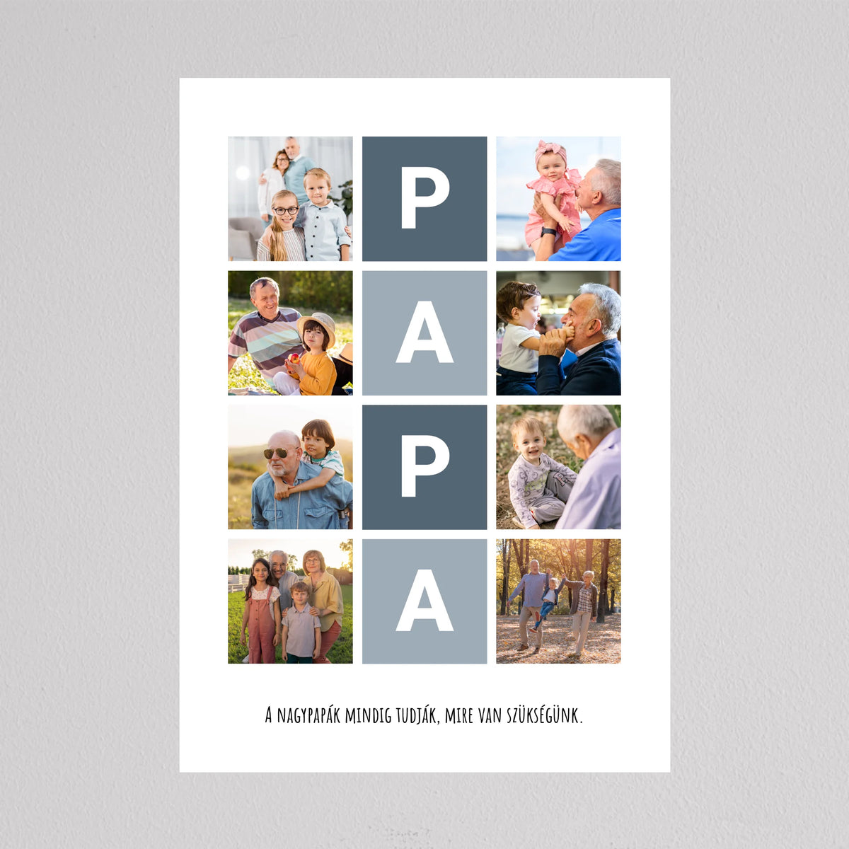 Unokás fotókollázs nagypapának keret nélkül, sötét és világos kékesszürke négyzetekben a PAPA betűk