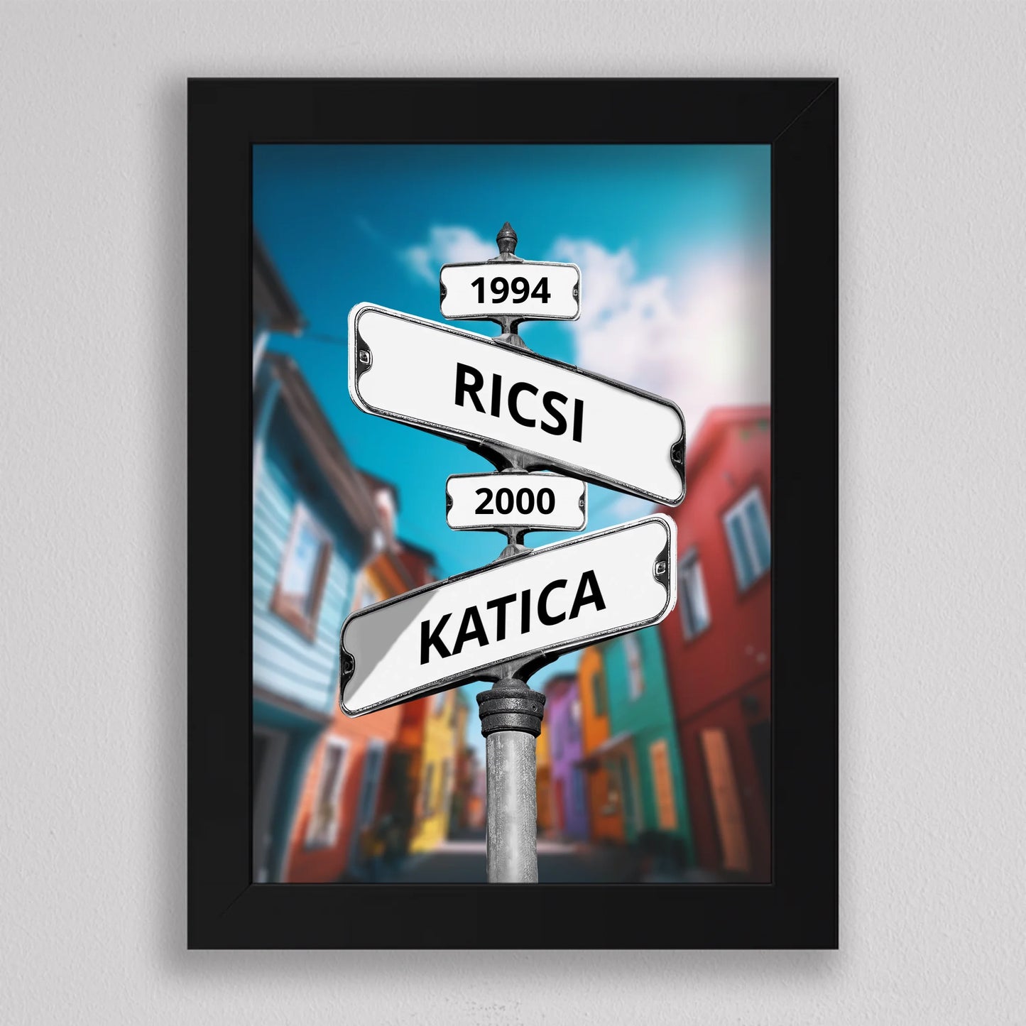 Évszámos utcanévtábla stílusú fotó kollázs pároknak, családoknak 2-4 névvel - többféle háttérrel