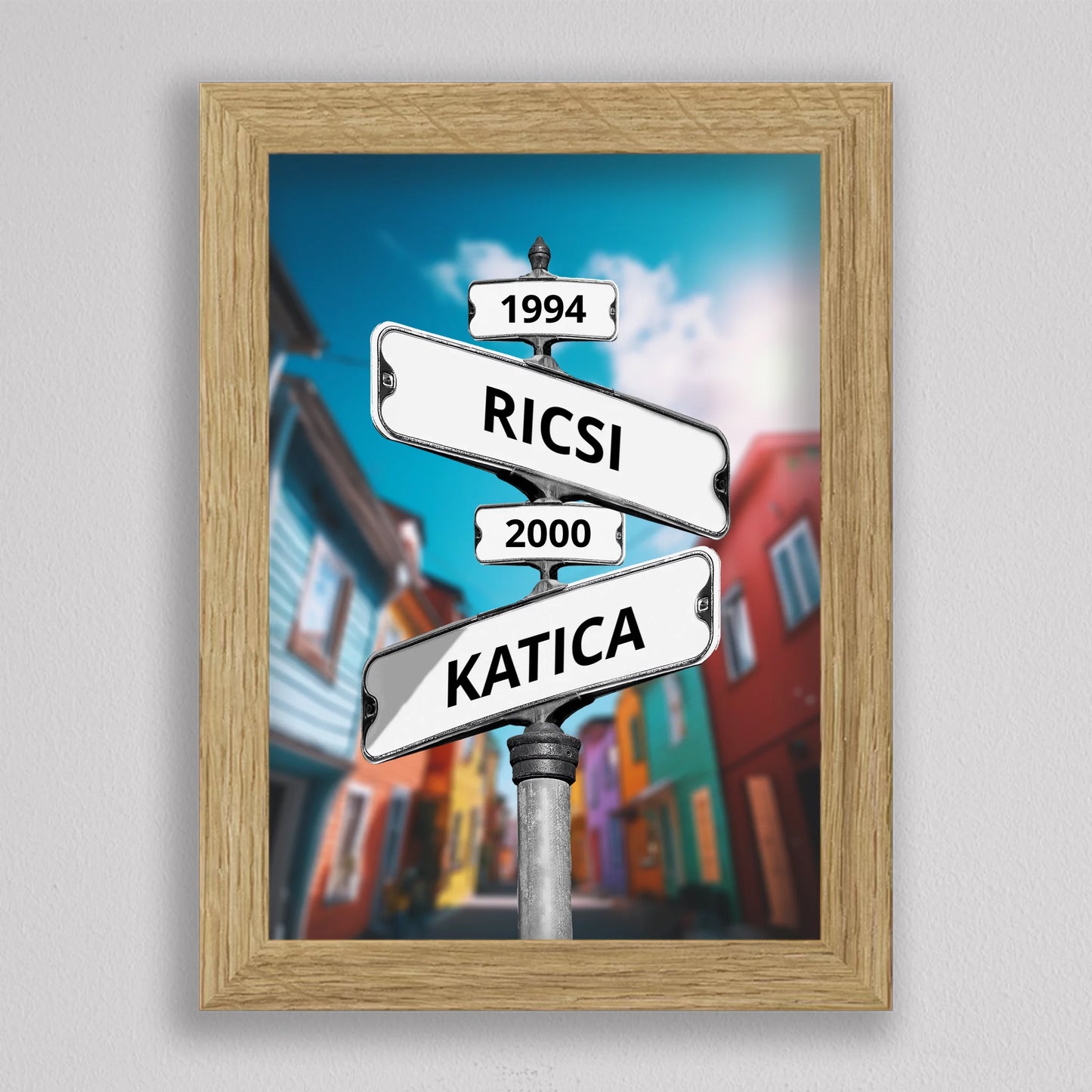 Évszámos utcanévtábla stílusú fotó kollázs pároknak, családoknak 2-4 névvel - többféle háttérrel