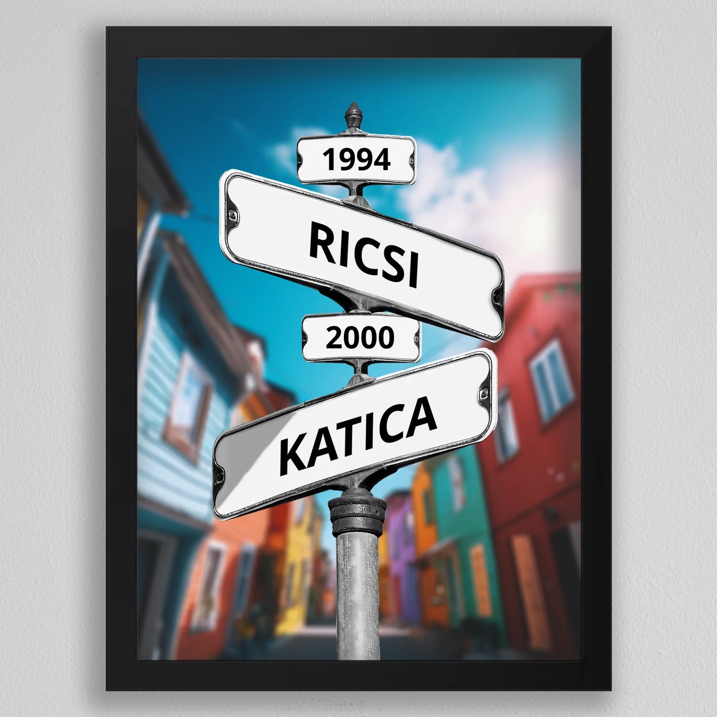 Évszámos utcanévtábla stílusú fotó kollázs pároknak, családoknak 2-4 névvel - többféle háttérrel