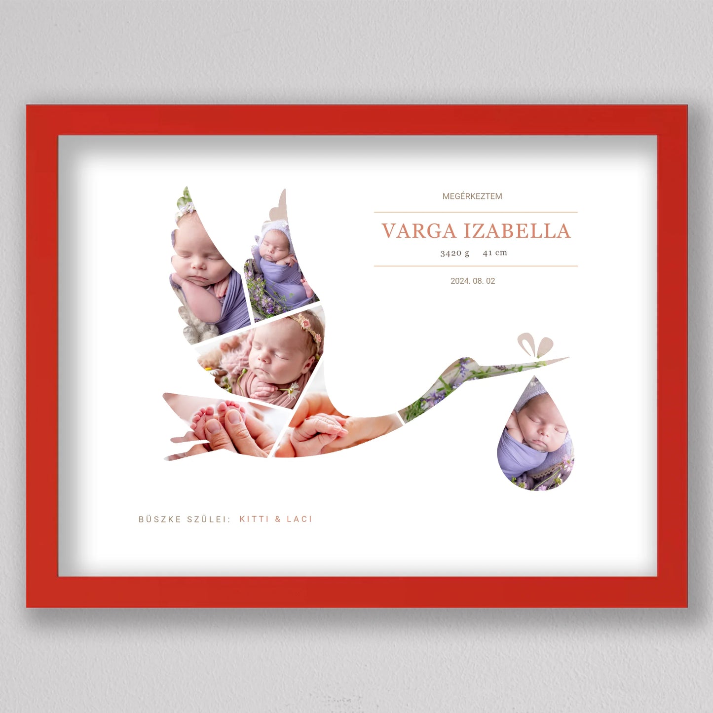 Gólya alakú babaköszöntő fotó kollázs