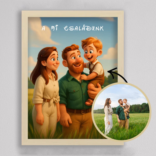 Pixar stílusú családi falikép mesterséges intelligencia (AI) által létrehozott