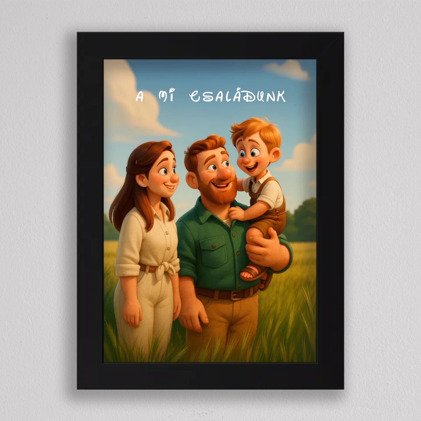 Pixar stílusú családi falikép mesterséges intelligencia (AI) által létrehozott