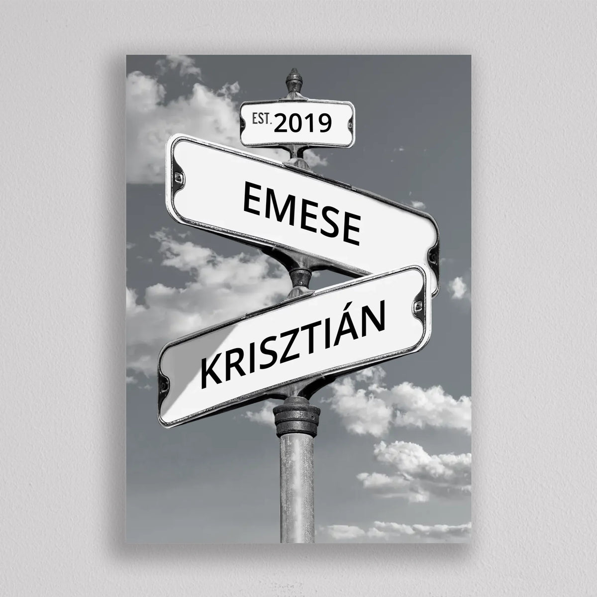 Szerelmes utcanévtábla kép keret nélküli nyomatként, két keresztező tábla EMESE és KRISZTIÁN névvel, fent EST. 2019