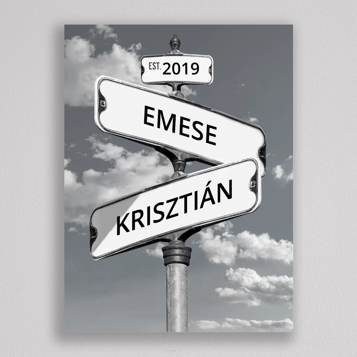 Utcanévtáblás kép két névvel keret nélküli nyomatként, fehér táblák egy oszlopon, mögöttük felhős, szürke égbolt