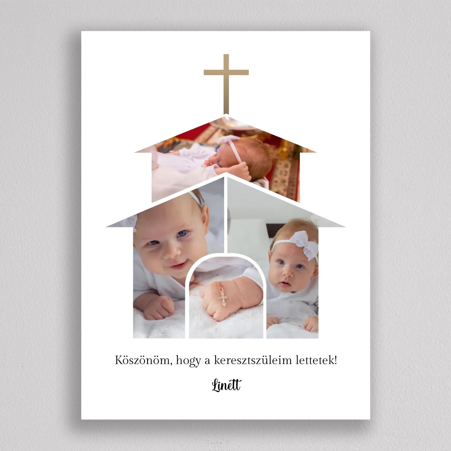 Keresztszülő köszönő templom alakú fotó kollázs keresztelőre