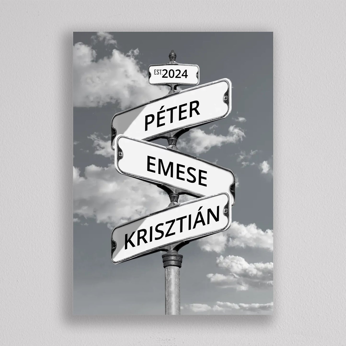 Utcanévtábla stílusú fotó kollázs családoknak 3-5 névvel - többféle háttérrel