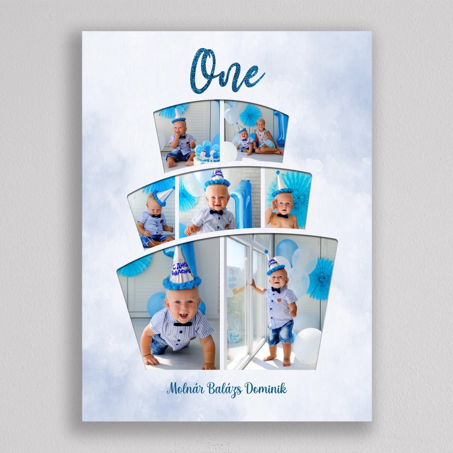 Első szülinapi torta alakú fotókollázs - fiú